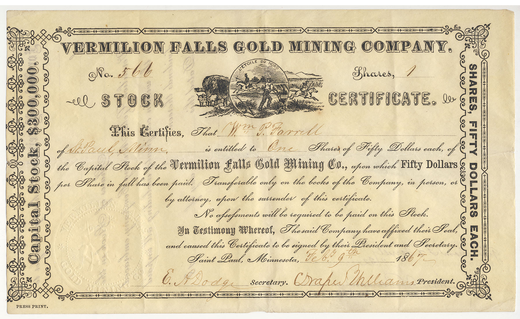 Share No. 566 Vermilion Falls Gold Mining Company