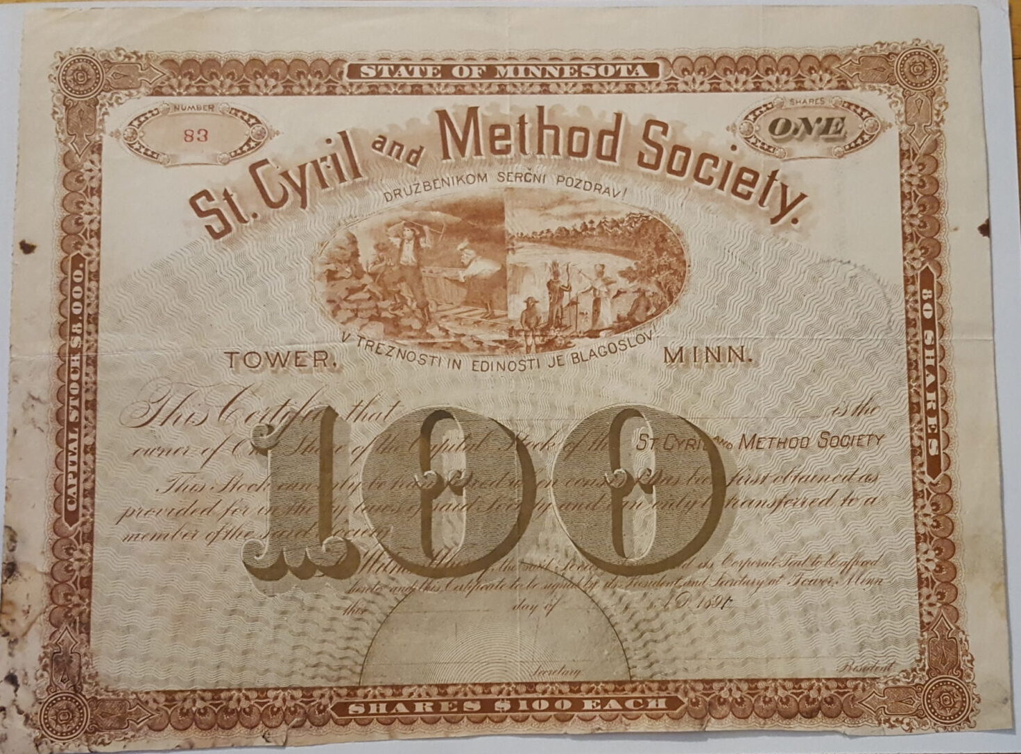 St. Cyril and Method Society - Stock Certificate